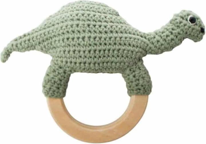 Actual product image Sebra Crochet rattle dino on wooden ring
