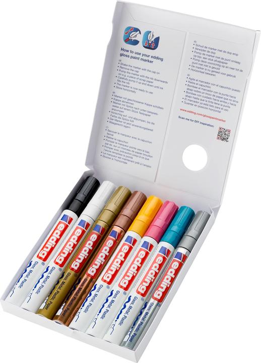 Image du produit Edding Marqueur à peinture brillante (Jaune, Golden, Argenté, Bleu clair, Rose, Blanc, Noir, Cuivre, 4 mm, 8 x)