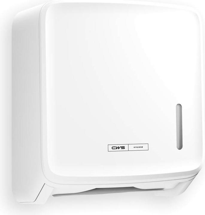 Actual product image CWS PureLine plastic towel dispenser with lock white for 300 sheets of ply fold or zig-zag paper