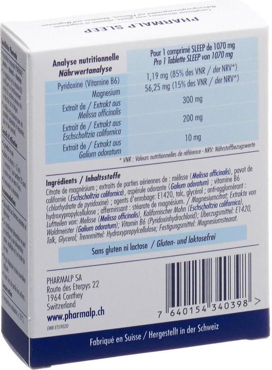 Valori nutrizionali e ingredienti Pharmalp Compressa SLEEP (20 Pezzo/i, Pillole, 35 g)