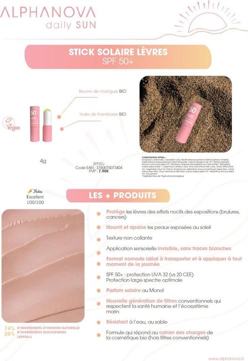 Image du produit Alphanova daily SUN stick lèvres SPF50 très haute protection