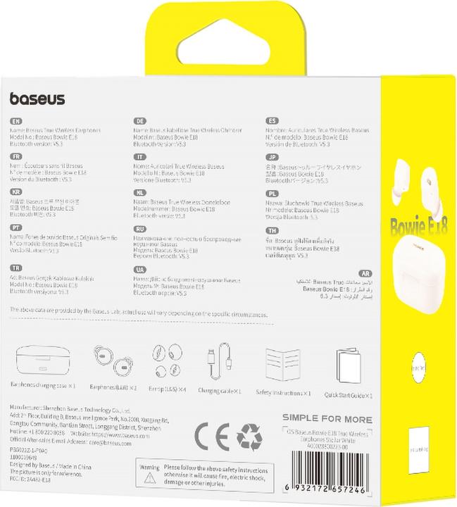 Image du produit Baseus Casque sans fil Bowie E18 TWS ENC IPX4 - blanc (ANC, 25 h, Sans fil)