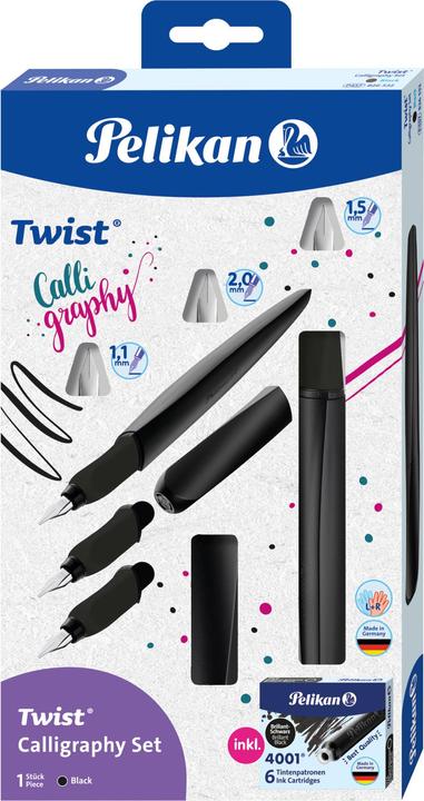 Immagine prodotto Pelikan Stilografica Twist® Calligraphy per destrimani e mancini, nera, pennino 1,1 mm, 1,5 mm e 2,0 (Nero, 1 x)