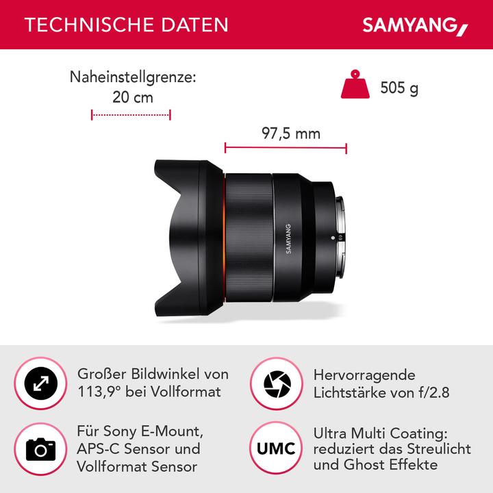 Image du produit Samyang AF 14mm F2.8, Sony E-Mount (Sony E, Plein format, APS-C / DX)