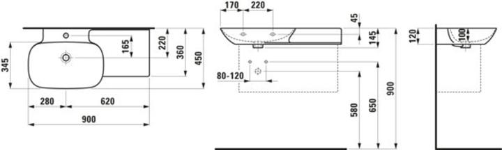 Immagine prodotto Laufen INO lavabo, 1 foro per rubinetto, con troppopieno, ripiano in ceramica a destra, 900x450mm, H (590 mm, 900 mm)