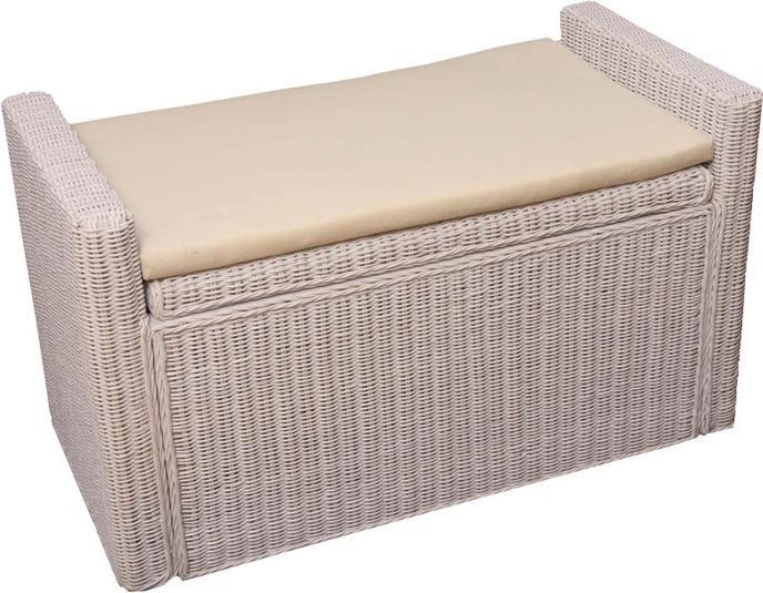 Produktbild Mendler Aufbewahrungstruhe Truhe Sitzbank Rattan mit Kissen 88cm - weiss (88 cm)