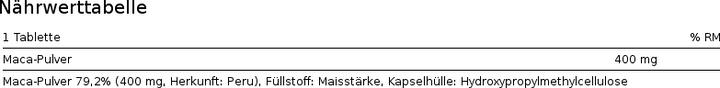 Nährwerte und Zutaten Phytopharma Maca (80 Stück, Kapseln, 40.40 g)