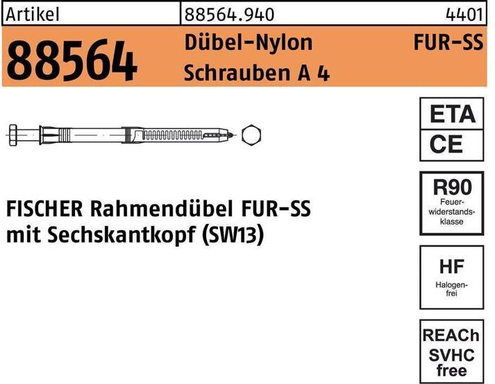 Immagine prodotto Fischer Ancoraggio telaio R 88564 con vite esagonale FUR 10 x 80 SS A 4/ancoraggio nylon (50 pz.)