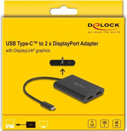Produktbild Delock Adapter USB Type-C zu 2 x DisplayPort 4K 60 Hz mit Di (9 cm)
