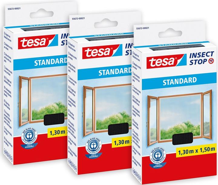 Produktbild tesa 3x Insektenschutz STANDARD für Fenster, mit Klettband, ohne Bohren (130 x 150 cm)