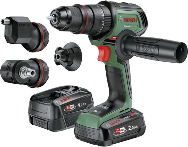 Zusatzhandgriff, Winkelaufsatz, Ladegerät AL 18V-44, Schrauberbit, Magnetkappe, Tragekoffer, Exzenteraufsatz, 1x Akku PBA 18V 4.0Ah, 1x Akku PBA 18V 2.0Ah