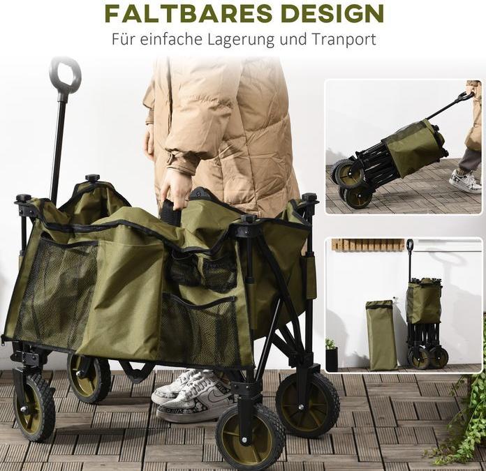 Immagine prodotto Swisshandel24 Bollerwagen Faltbar, Handwagen mit Räder, Bremsen, Tragetasche, 125L Grün