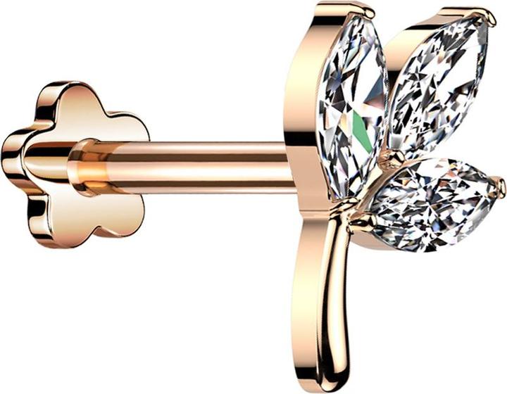 Image du produit Star Piercing Micro Threadless Labret or rose feuille or rose trois ovales cristal argenté (sans laiton, Titane G23)