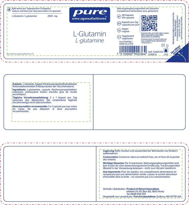 Nährwerte und Zutaten Pure encapsulations L-Glutamin Kapsel 850 mg (90 Stück, Kapseln, 126 g)