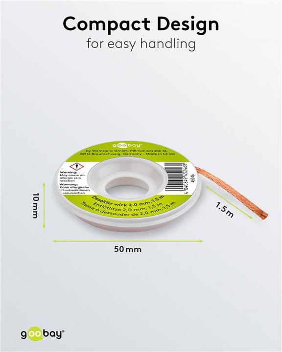 Image du produit Goobay Tresse à dessouder 2 mm pour enlever l'étain de soudure aux points de soudure 1,5 m (tresses à dessouder)