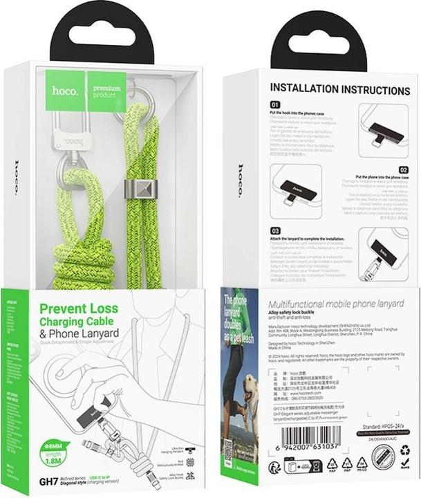 Image du produit Hoco Cable EOL lanyard shape cable Type C to Lightning PD 20W GH7 1,8 m fluorescent green (1.80 m)