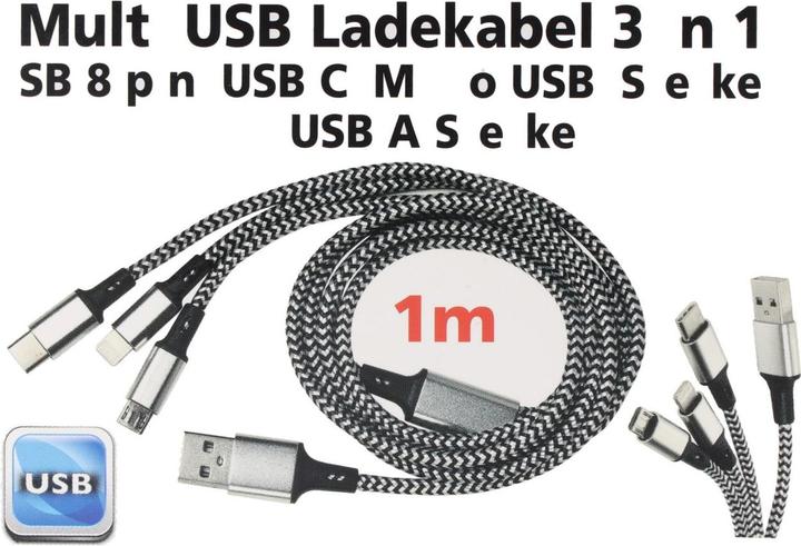 Actual product image Heitech Universal charging cable 3in1 for Apple, USB-C, Micro-USB