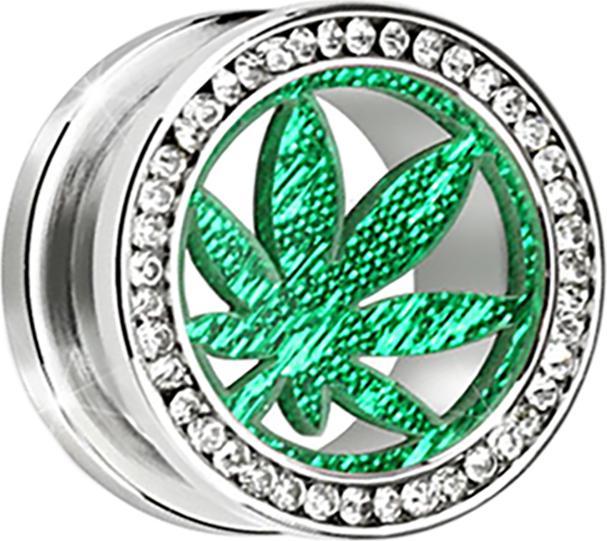 Produktbild Star Piercing Flesh Tunnel silber mit Kristall silber und grünem Hanfblatt (ohne Messing, Chirurgenstahl 316L)