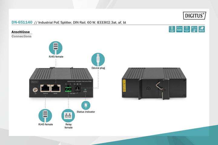 Produktbild Digitus PoE Splitter 60W RJ45 IEEE802.3at/af (PoE Splitter)