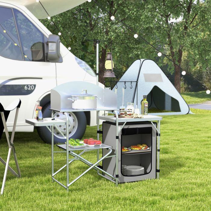 Produktbild Swisshandel24 Campingküche, faltbar, 3 Arbeitsplatten, Windschutz, Stoffschrank, 144x48x119cm, Silber