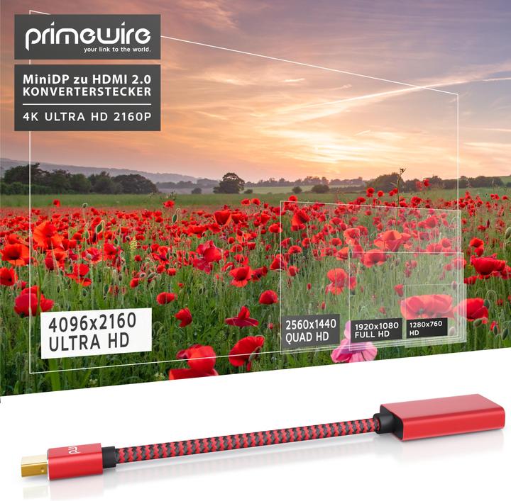 Produktbild Primewire 4K Mini Displayport zu Hdmi 2.0 Adapter, Mini DP Kabel, mDP Adapter, 4K@60Hz, Thunderbolt (0.15 m, HDMI)