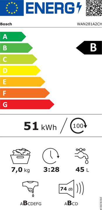 Energy Label Bosch Hausgeräte WAN281A2CH (7 kg, Left, CH plug)