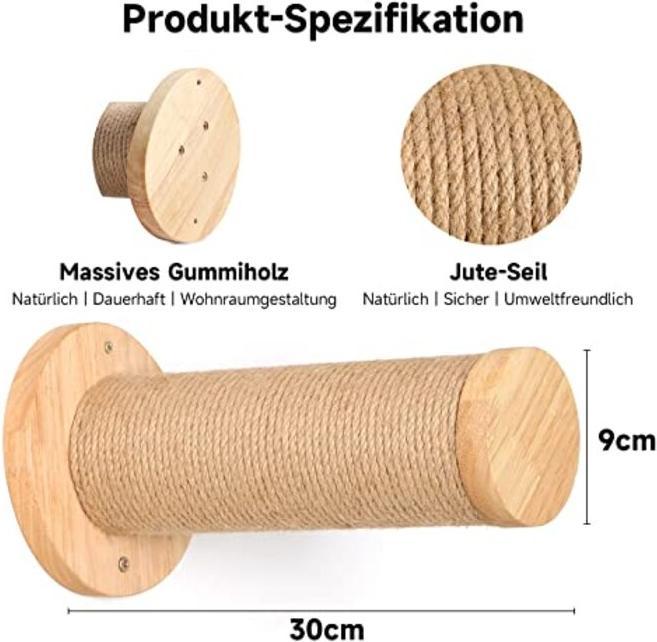 Produktbild Alopini Katzentreppe Wand, Kletterstufe (2er-Pack), massives Gummibaumholz, Ø 9 x L30 cm Sisal-Pfosten (9 cm, Mehrfarbig)