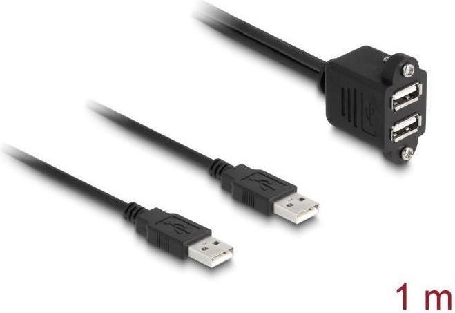 Produktbild Delock USB 2.0 Kabel 2 x USB Typ-A Stecker zu 2 x USB Typ-A Buchse mit Schrauben zum Einbau 1 m schw (1 m, USB 2.0)