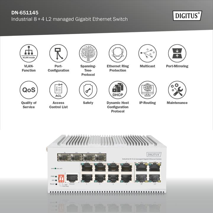 Actual product image Digitus Industrial 8+4 L2 managed Gigabit Ethernet Switch (12 Ports)