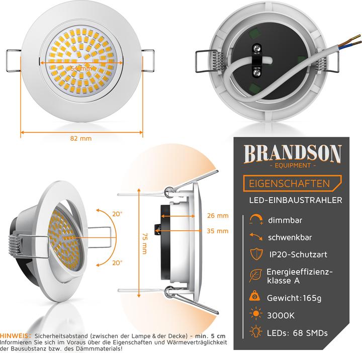 Immagine prodotto Brandson Faretto da soffitto a LED, orientabile, bianco caldo 3000K, faretto da incasso 5W, luce da incasso (320 lm)