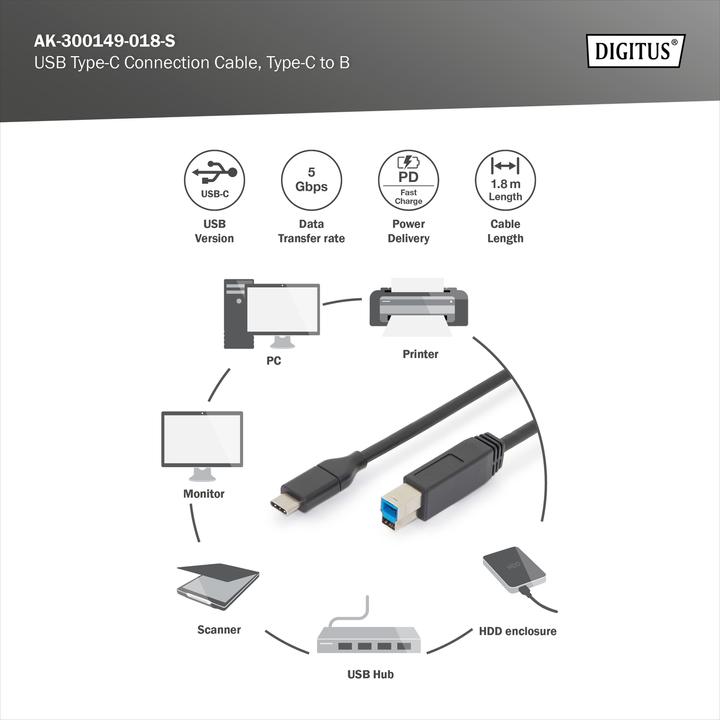 Image du produit Digitus USB C – USB B (1.80 m, USB 3.0)