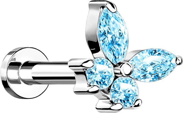 Star Piercing Micro Labret Innengewinde silber Schmetterling mit Kristallen auqa (Chirurgenstahl 316L, Messing)