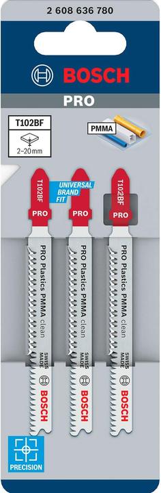 Actual product image Bosch Professional Zubehör PRO Plastics PMMA clean T102BF jigsaw blade, 92 mm, 3 pcs.