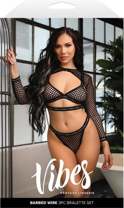 Image du produit Fantasy Lingerie barbed wire fishnet bralette, shrug à manches longues & panty noir, l/xl (XL)