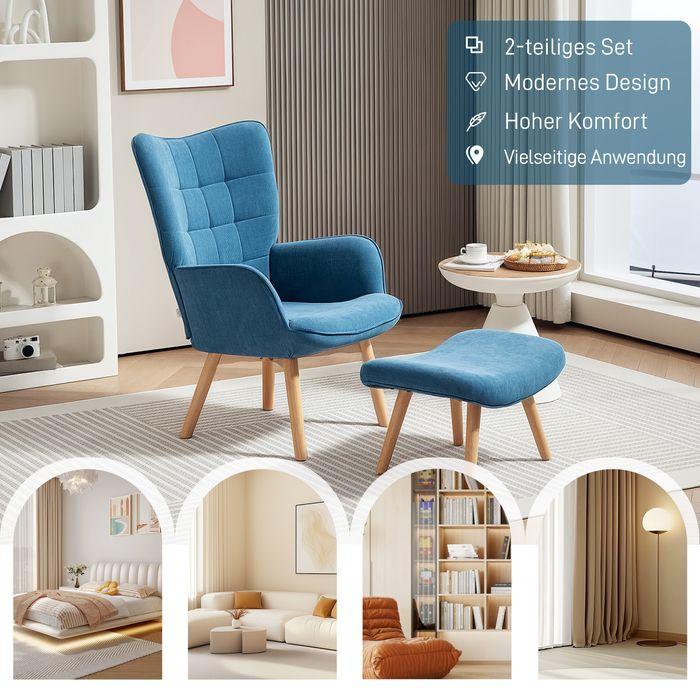 Image du produit Swisshandel24 Sessel mit Hocker, Ohrensessel mit Hoher Rückenlehne, Holzbeine, Cord, Blau