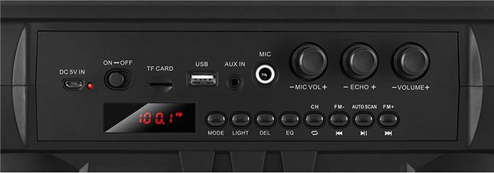 Actual product image Sven PS-485, juodas, power output 2x14W (RMS), Bluetooth, FM, USB, Micro SD, LED display, lithium ba (Rechargeable battery operated, USB power delivery)