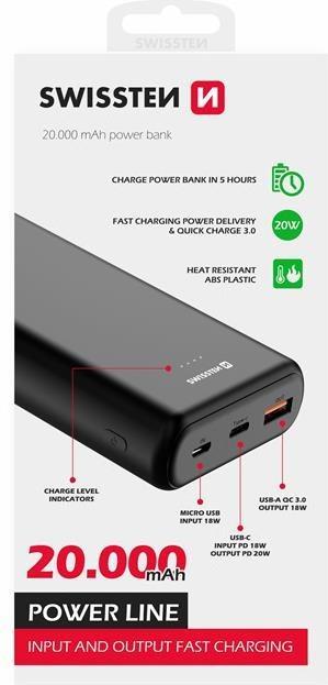 Actual product image Swissten POWER LINE POWER BANK 20000 mAh 20W Power Delivery Black (20000 mAh, 20 W, 74 Wh)