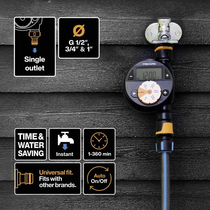 Immagine prodotto Fiskars Timer/timer con 1 uscita, Per tutte le dimensioni di rubinetto più comuni, LCD di facile lettura (Tubo di gocciolamento + tubo di gocciolamento)