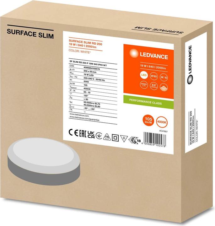 Immagine prodotto Ledvance Lampada da parete/soffitto SURFACE SLIM IK10 rotonda 200 19W 840 bianco IP65 (2000 lm)