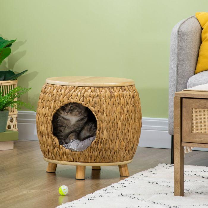 Produktbild Swisshandel24 Katzenhöhle aus Rattan 2-in-1 Design Katzenkorb mit Kissen Haustierbett Wasserhyazinthengras Paulown (Katze)