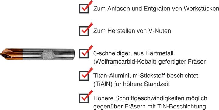 Produktbild Paulimot VHM-Fasenfräser 90° Ø 8,0 mm mit TiAlN-Beschichtung, 6-schneidig