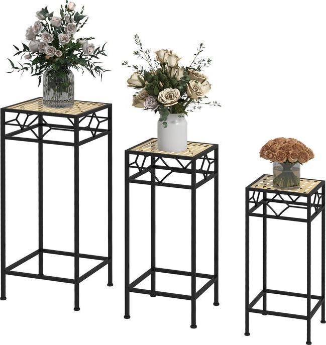 Immagine prodotto Swisshandel24 Supporto per piante a 3 pezzi Sgabello impilabile per fiori Portavaso con aspetto in rattan