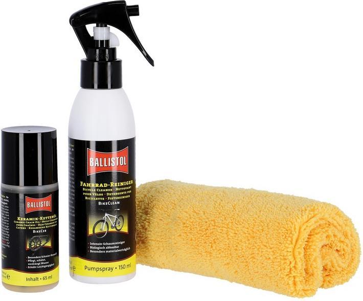 Produktbild Ballistol Fahrradpflege-Set, BikeCer 65 ml + BikeClean 150 ml + Mikrofasertuch, 30 x 30 cm (65 ml, Fahrradreiniger)