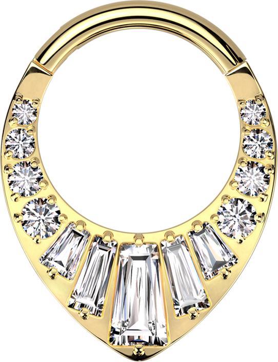 Star Piercing Micro Segmentring klappbar vergoldet runde und Baquette Kristalle silber (Titan G23)