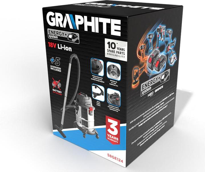 Image du produit Graphite Aspirateur d'atelier Energy+ 18V Li-lon, eau et poussière, réservoir 20L (Aspirateur eau et poussière)