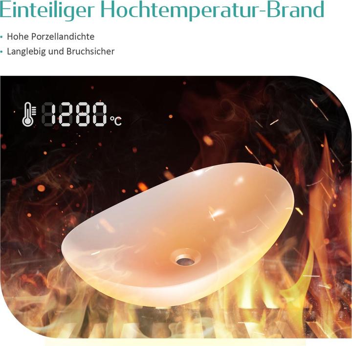 Image du produit Emke Lavabo à poser, Vasque ovale, Céramique, Blanc Brillant, sans trou pour robinet, 615x350x155mm (360 mm, 615 mm)