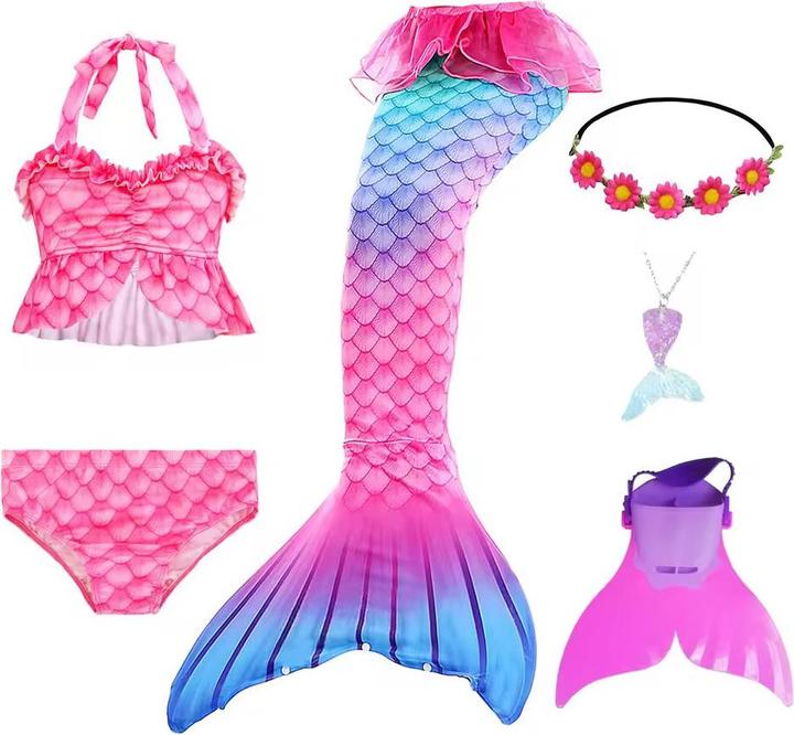 Actual product image Out of the blue 6-teiliges Meerjungfrau Badeanzug-Set mit Monofin-Flosse – Für kleine Wassernixen 130 cm (130 C)
