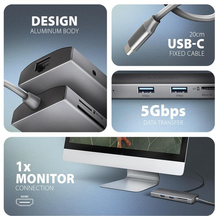 Produktbild Axagon HMC-8HLSA Wieloportowy hub USB-C 3.2 Gen 1 hub, 3x USB-A + 4K/30Hz HDMI + SD/microSD, GLAN, Audio (USB-C, 8 Ports)