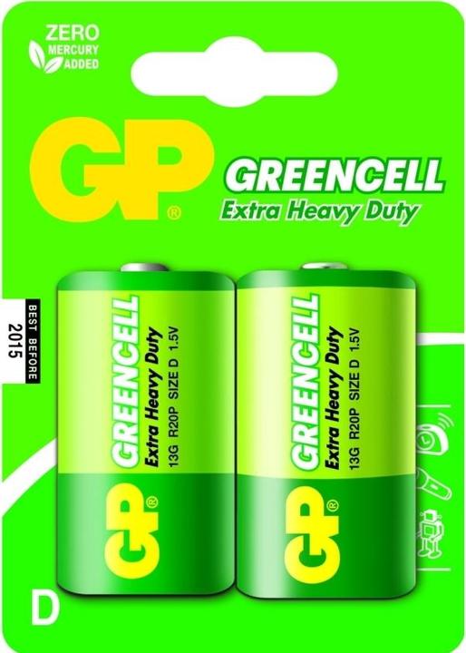 Productafbeelding GP Batteries Greencell D, wegwerpbatterij, D, zinkchloride, 1,5 V, 2 stuk(s), groen (2 Pcs., D)