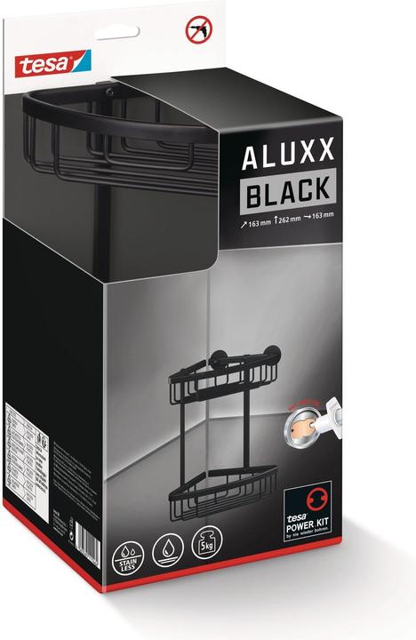Actual product image tesa ALUXX BLACK corner shower basket incl. adhesive solution without drilling (17.5 x 17.5 x 34.5 cm)